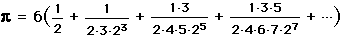 pi = 6*(1/2 + 1/(2*3*2^3) + 1/5 - 1/7 + 1/9 - 1/11 + ...)