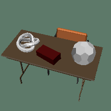 Table with chair, trefoil, cube, and truncated icosahedron